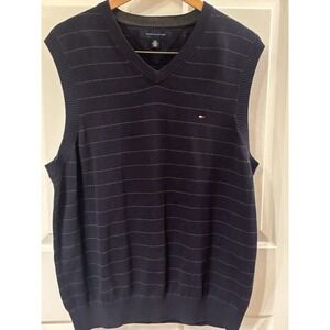 Men's Tommy Hilfiger Navy Blue Stripe Pullover Sweater Vest Classic ~ SZ L